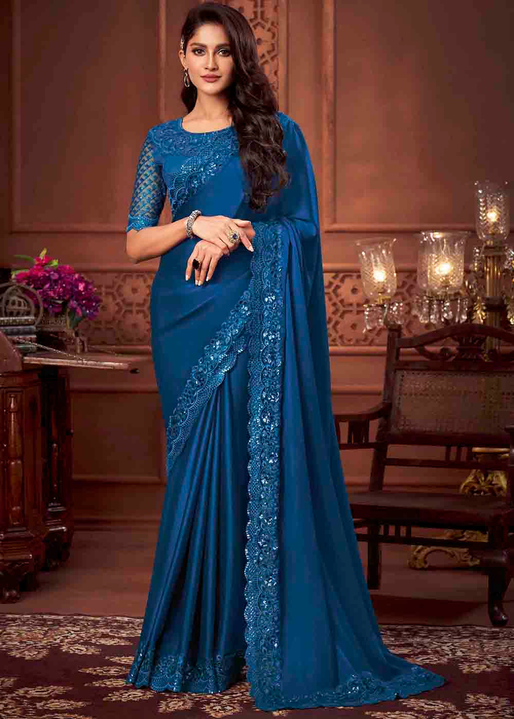 Buy MySilkLove Madison Blue Soft Silk Designer Saree Online