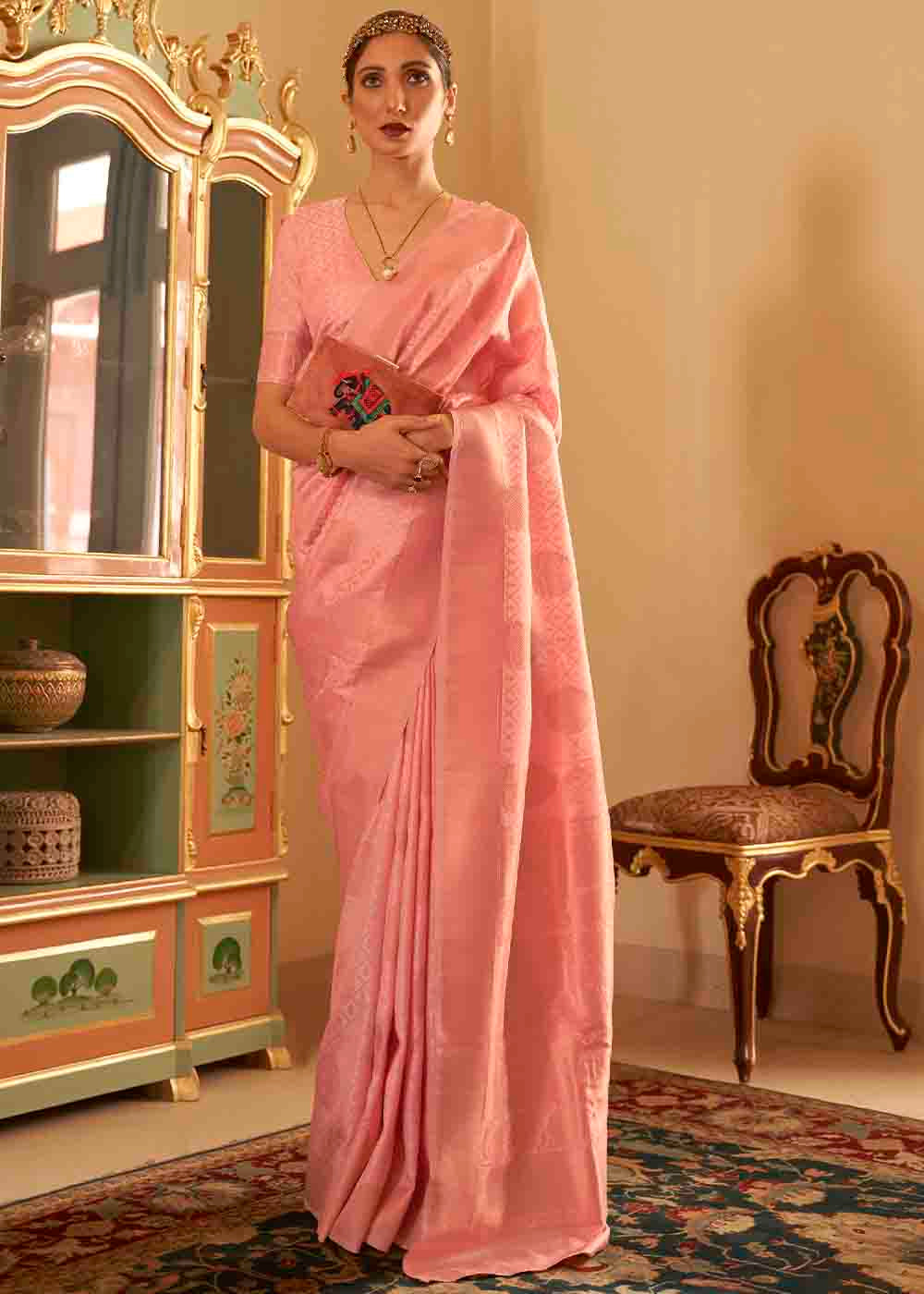 Buy MySilkLove Vivid Tangerine Pink Banarasi Silk Handloom Saree Online