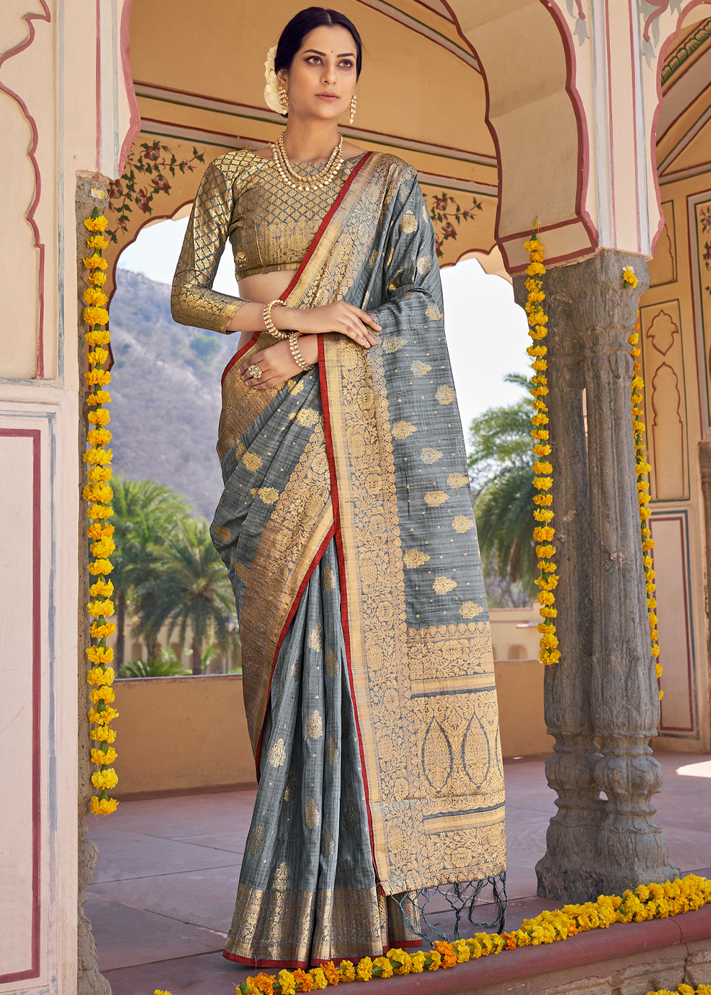 Buy MySilkLove Silver Sand Grey Zari Woven Banarasi Linen Saree Online