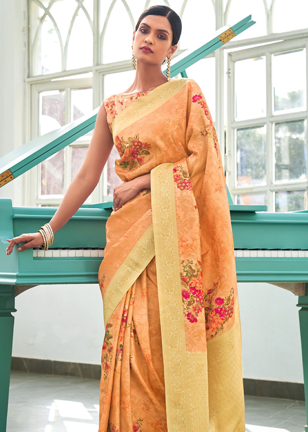 Buy MySilkLove Tan Orange Banarasi Jacquard Printed Saree Online