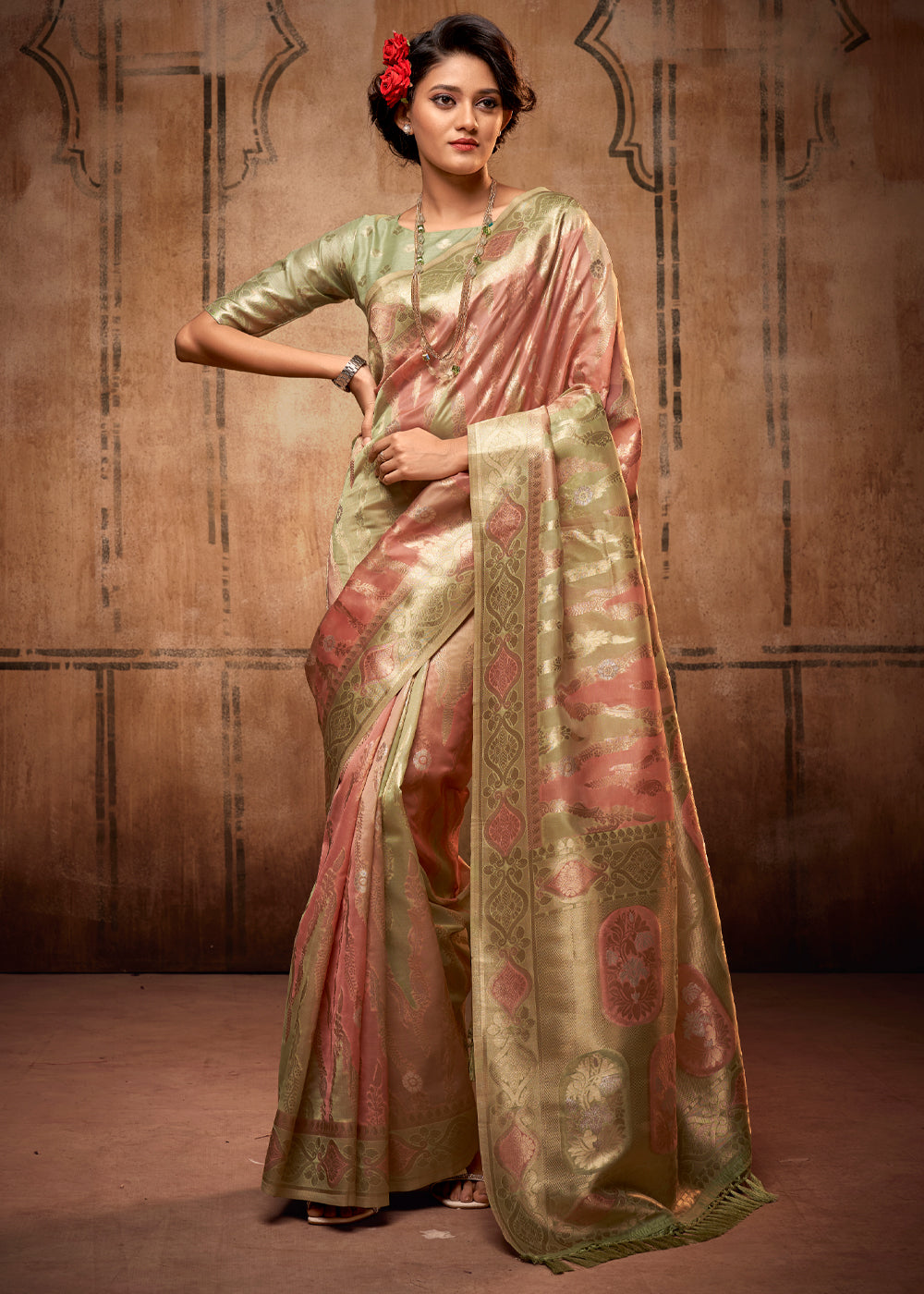 Buy MySilkLove Antique Pink and Green Zari Woven Banarasi Organza Saree Online