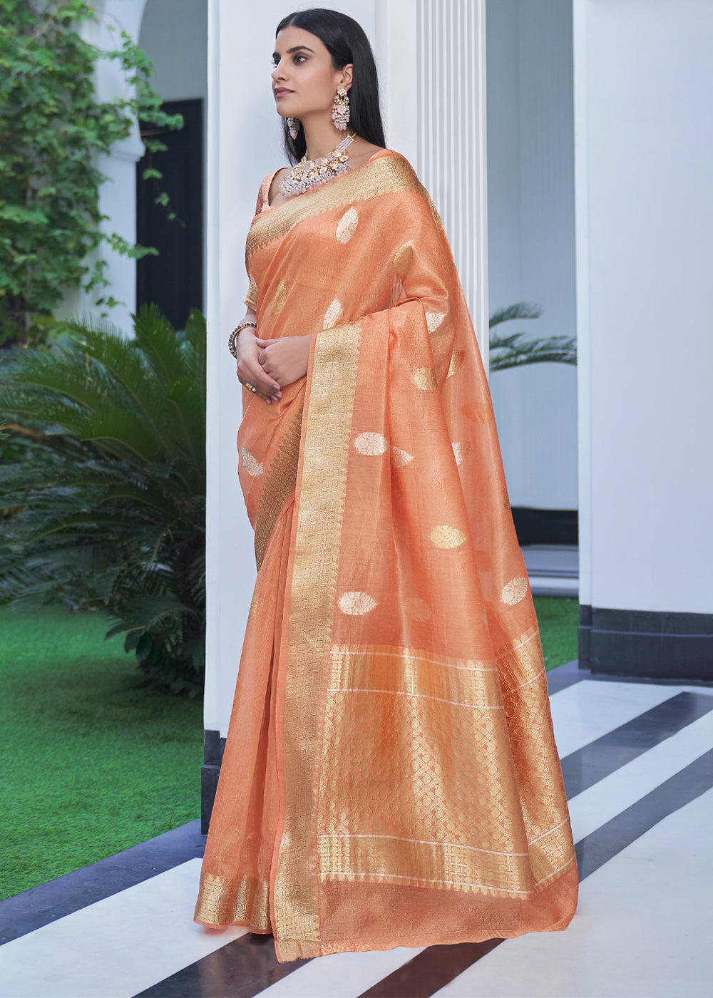 Buy MySilkLove Negroni Peach Zari Woven Tissue Banarasi Silk Saree Online