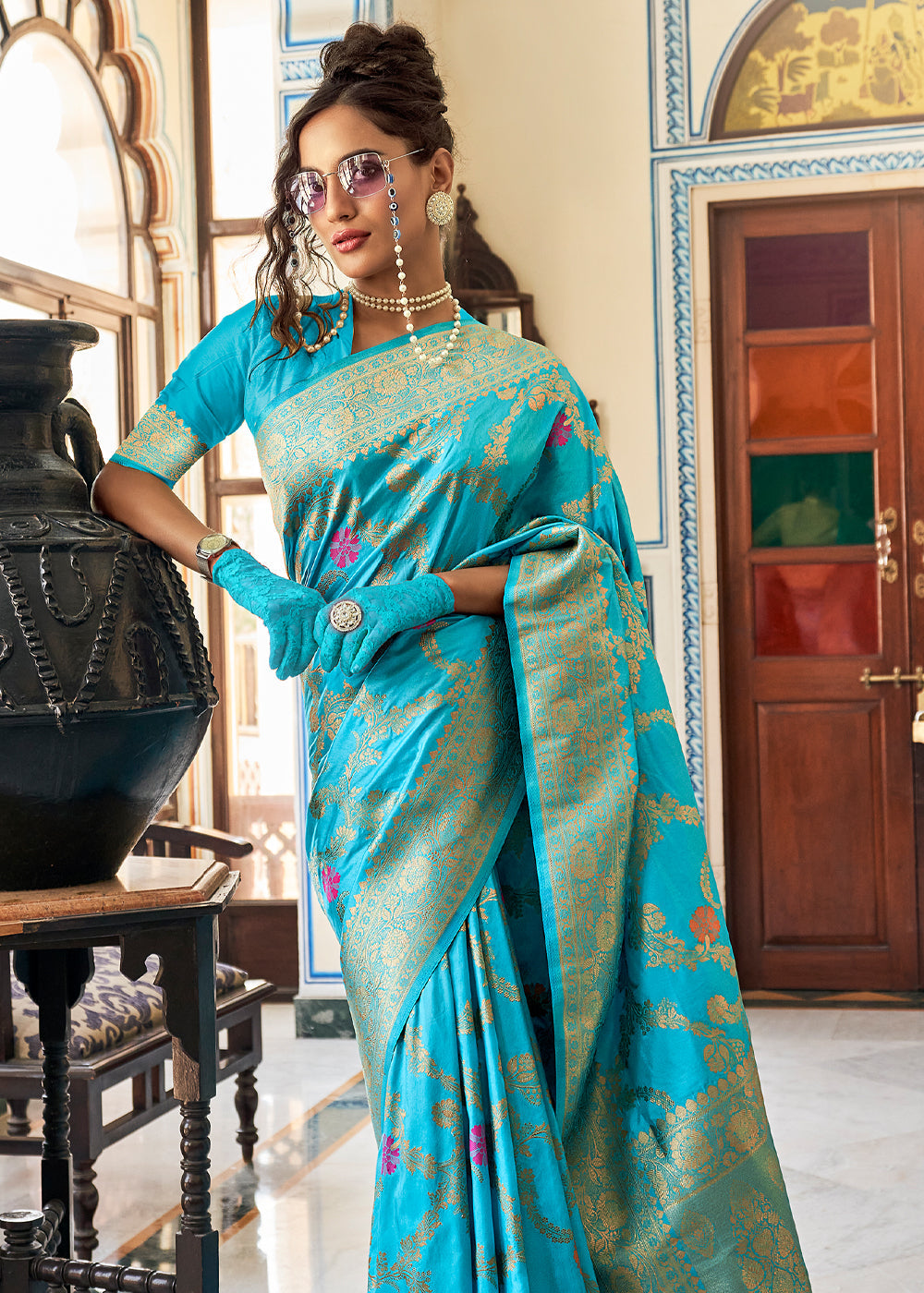 Buy MySilkLove Aquamarine Blue Zari Woven Dola Silk Saree Online