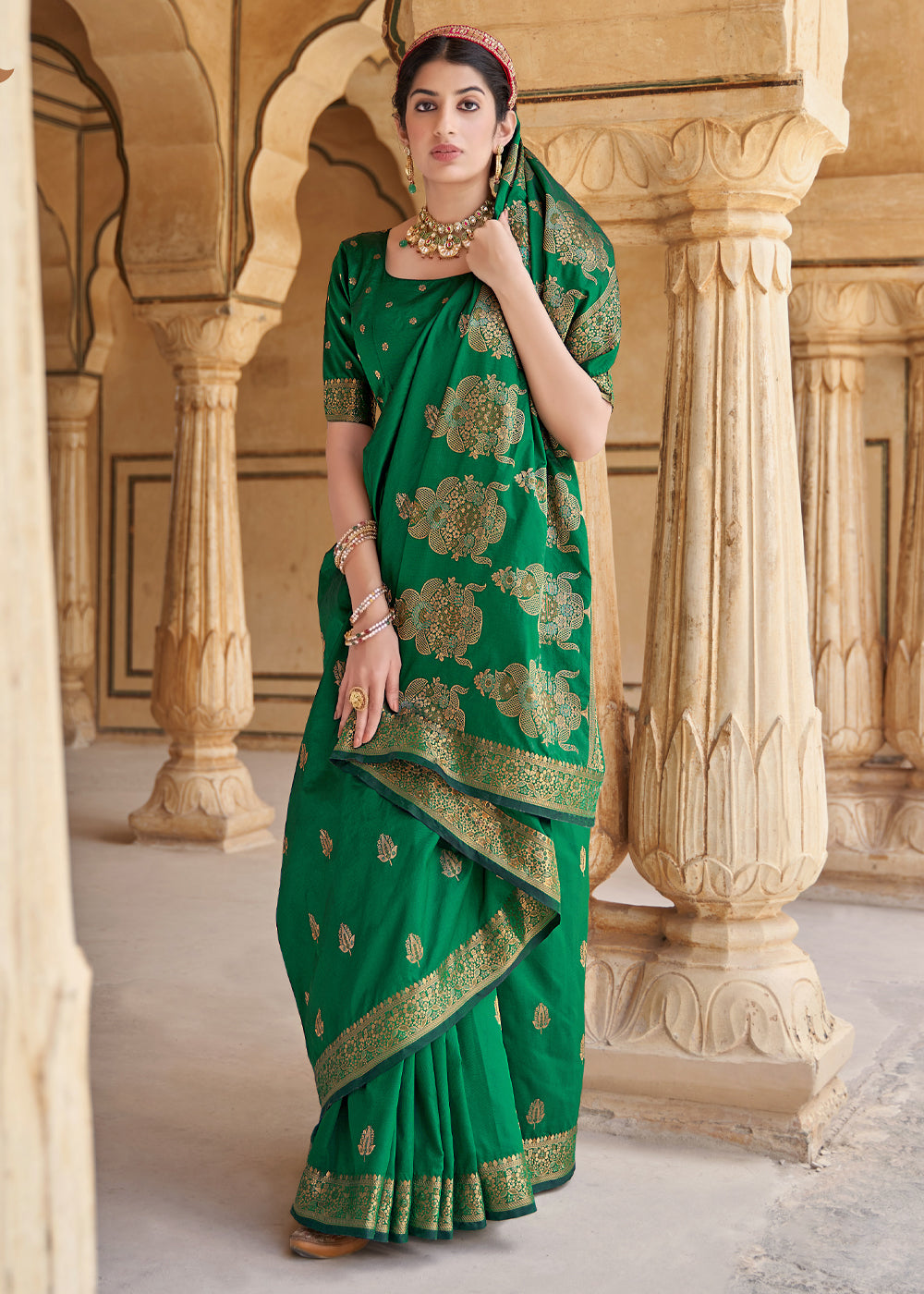 Buy MySilkLove Viridian Green Zari Woven Banarasi Silk Saree Online