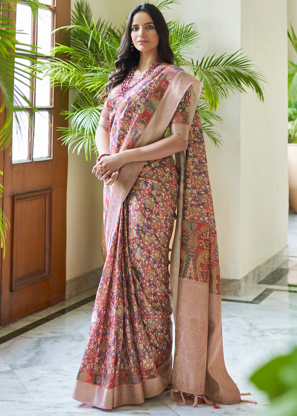 Buy MySilkLove Brandy Rose Pink Banarasi Saree with Jamewar Print Online