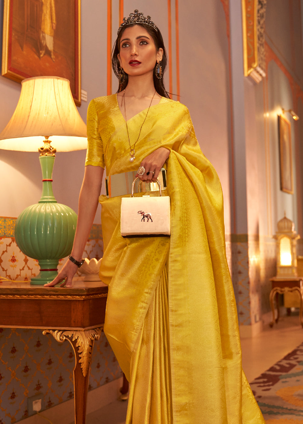 Buy MySilkLove Golden Yellow Dual tone Satin Banarasi Saree Online