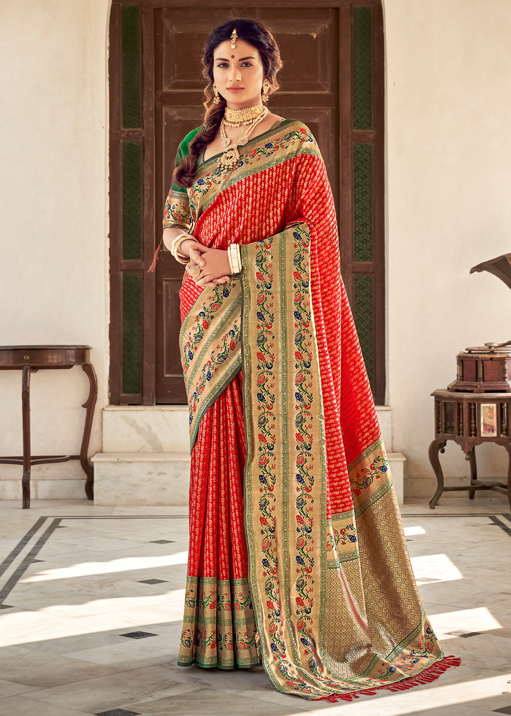 Buy MySilkLove Cognac Red and Green Zari Woven Banarasi Brocade Saree Online