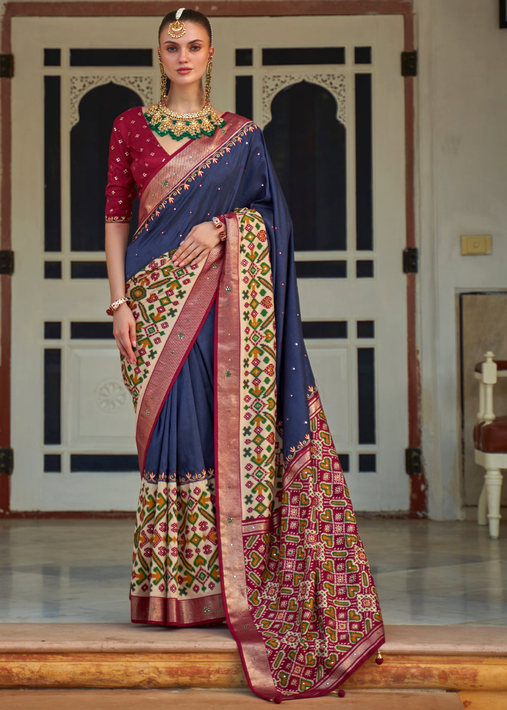 Buy MySilkLove Martinique Blue and Red Woven Patola Silk Saree Online