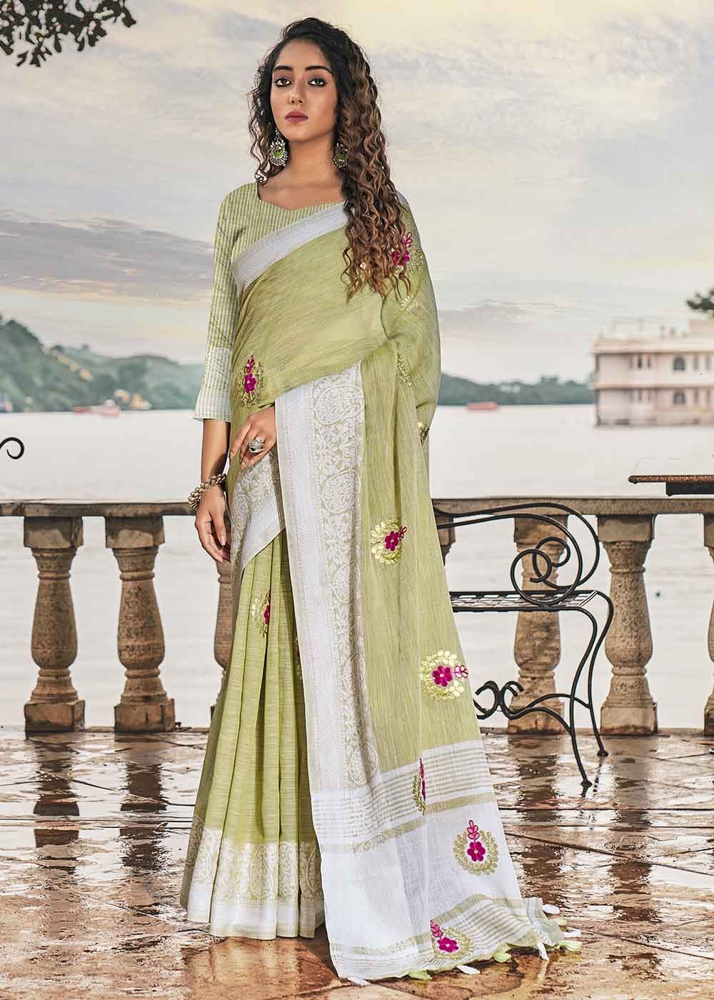 Buy MySilkLove Misty Green Zari Woven Soft Linen Silk Saree Online