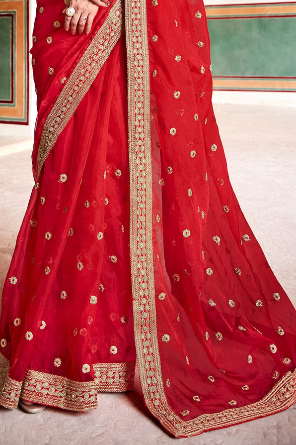 Buy MySilkLove Pearl Red Organza Saree Online