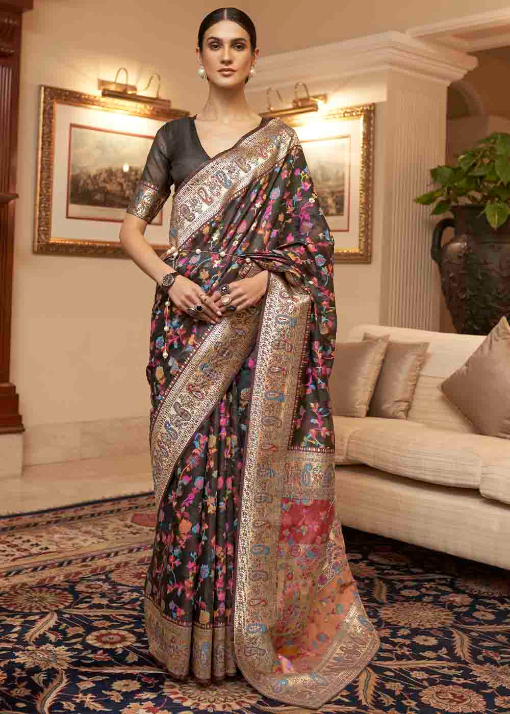 Buy MySilkLove Sonali Kulkarni in Taupe Black Banarasi Jamawar Woven Silk Saree Online