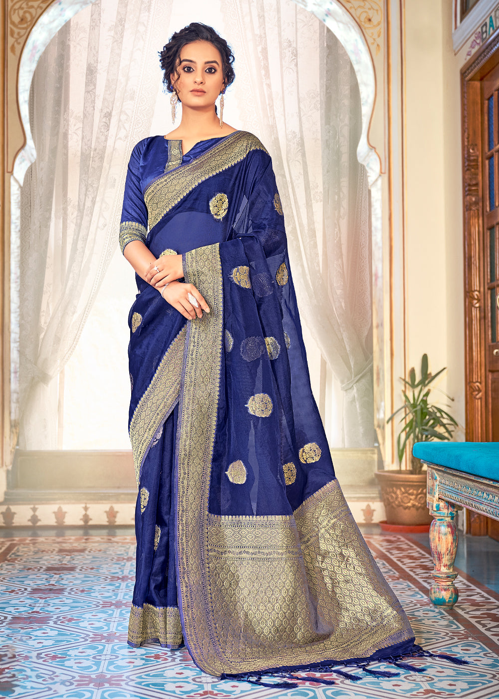 Buy MySilkLove East Bay Blue Zari Woven Banarasi Organza Saree Online