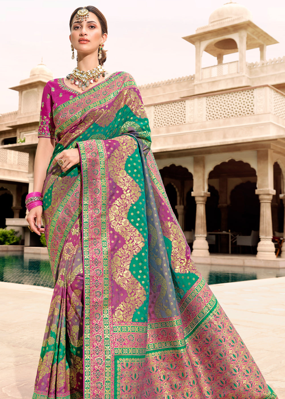 Buy MySilkLove Pine Green and Purple Woven Designer Banarasi Silk Saree Online
