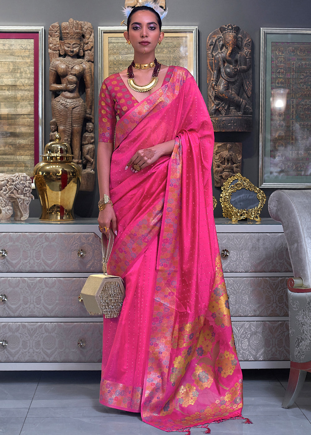 Buy MySilkLove Hot Pink Woven Dual Tone Organza Banarasi Silk Saree Online