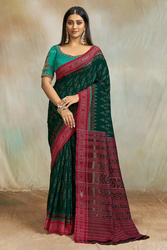 Buy MySilkLove Bottle Green and Pink Pochampally Ikkat Cotton Saree Online