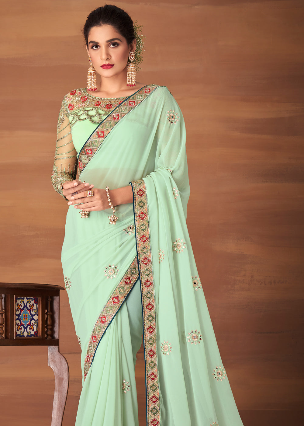 Buy MySilkLove Moss Green Designer Saree with Embroidered Blouse Online