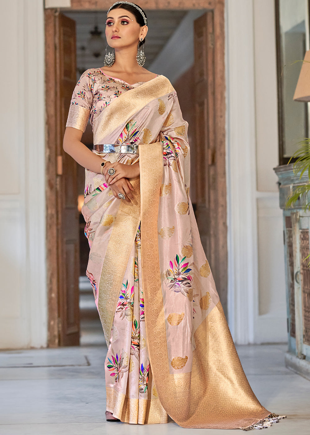 Buy MySilkLove Rose Fog Light Pink Digital Printed Banarasi Saree Online