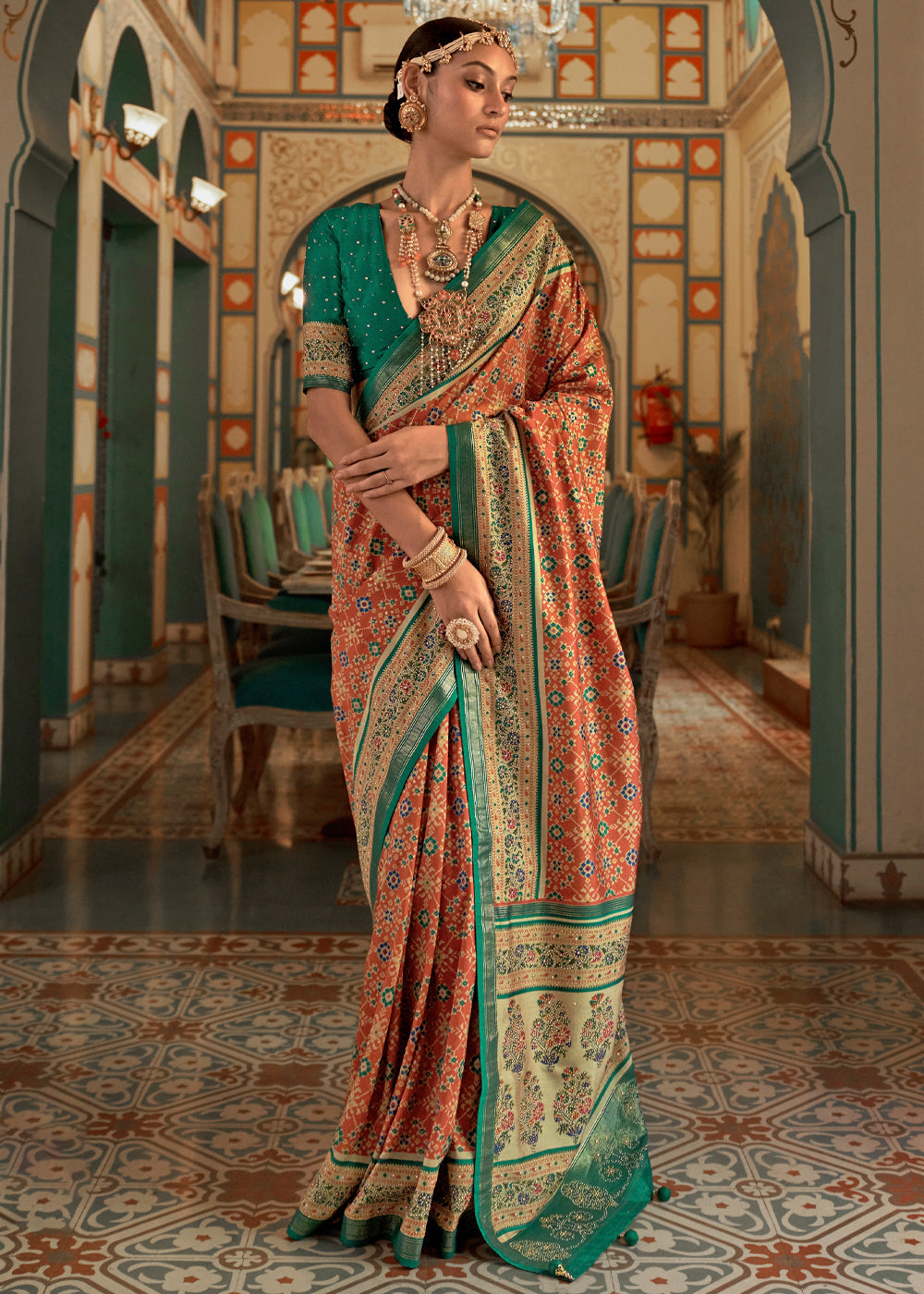 Buy MySilkLove Chest Orange and Green Woven Patola Silk Saree Online