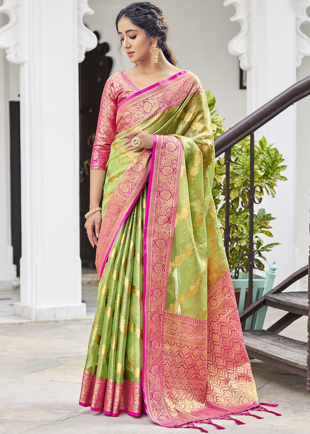 Buy MySilkLove Olive Green Zari Woven Organza Tissue Silk Saree Online