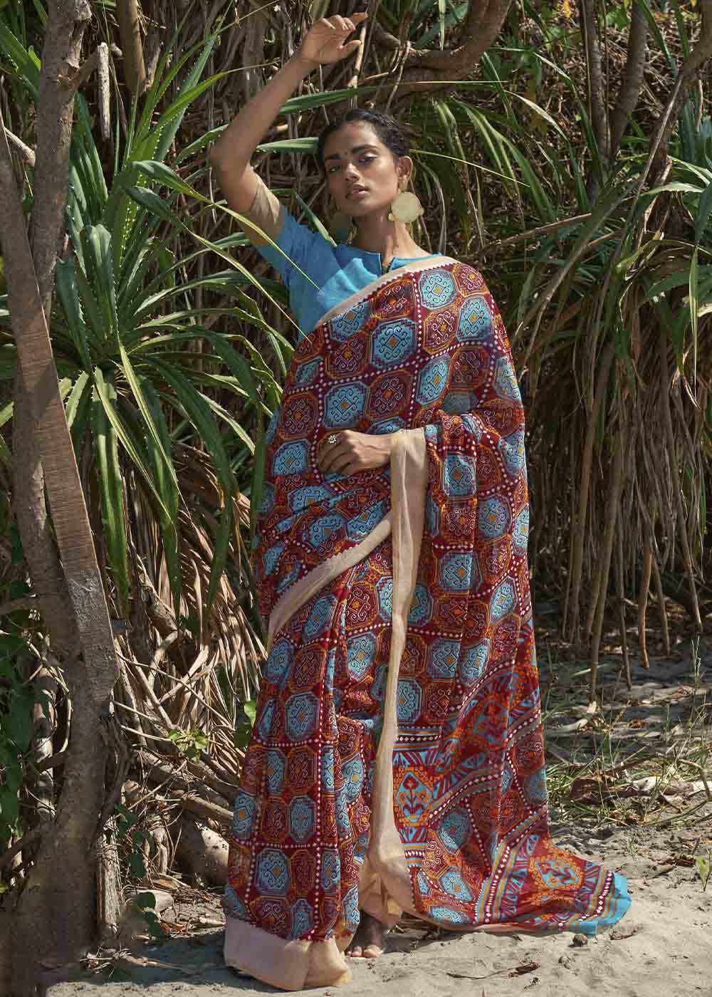 Buy MySilkLove Copper Rust Brown and Blue Printed Cotton Saree Online