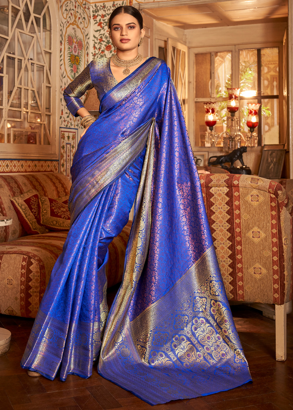 Buy MySilkLove Indigo Blue Bronze Zari Woven Kanjivaram Saree Online
