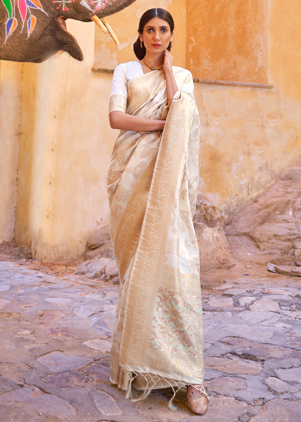 Buy MySilkLove Almond White Zari Woven Banarasi Handloom Saree Online