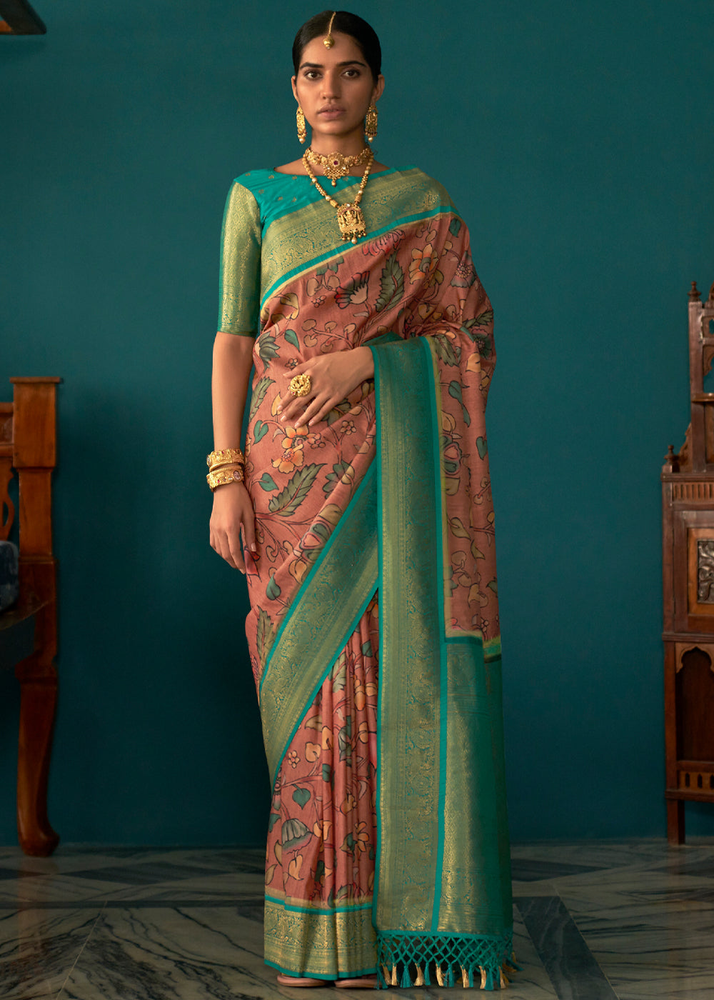 Buy MySilkLove Copperfield Pink Woven Banarasi Tussar Silk Kalamkari Saree Online