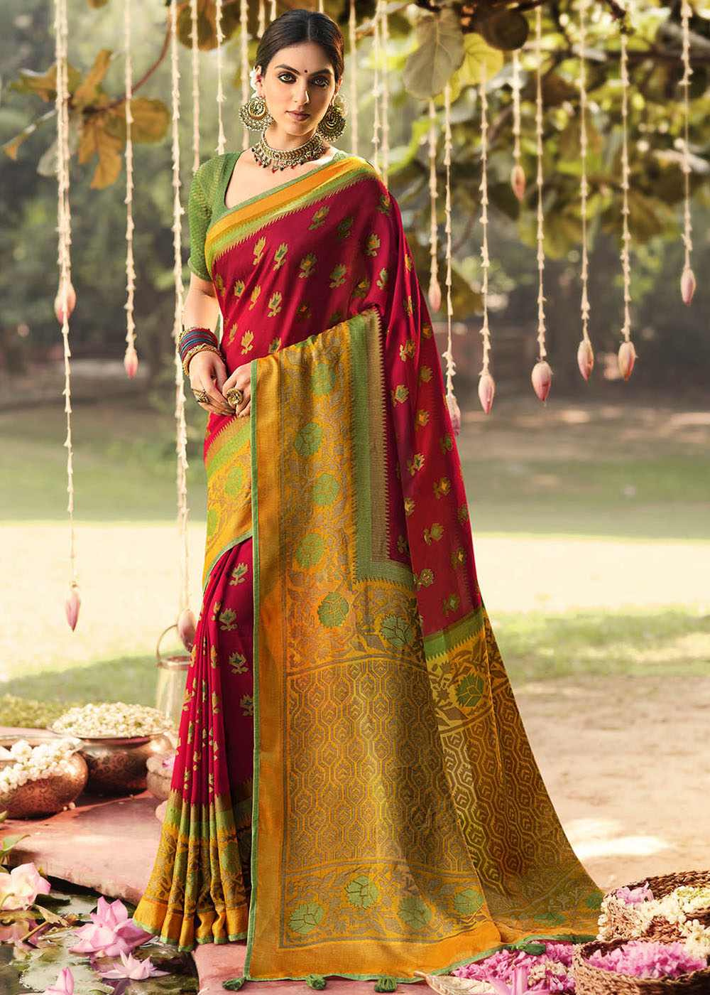 Buy MySilkLove Mojo Red and Yellow Soft Brasso Silk Saree Online