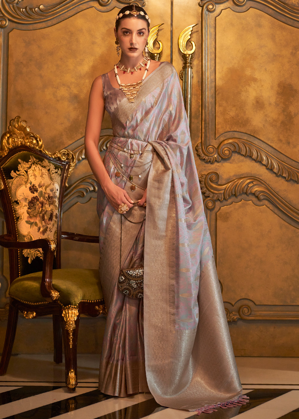 Buy MySilkLove Cold Turkey Grey Banarasi Satin Silk Saree Online