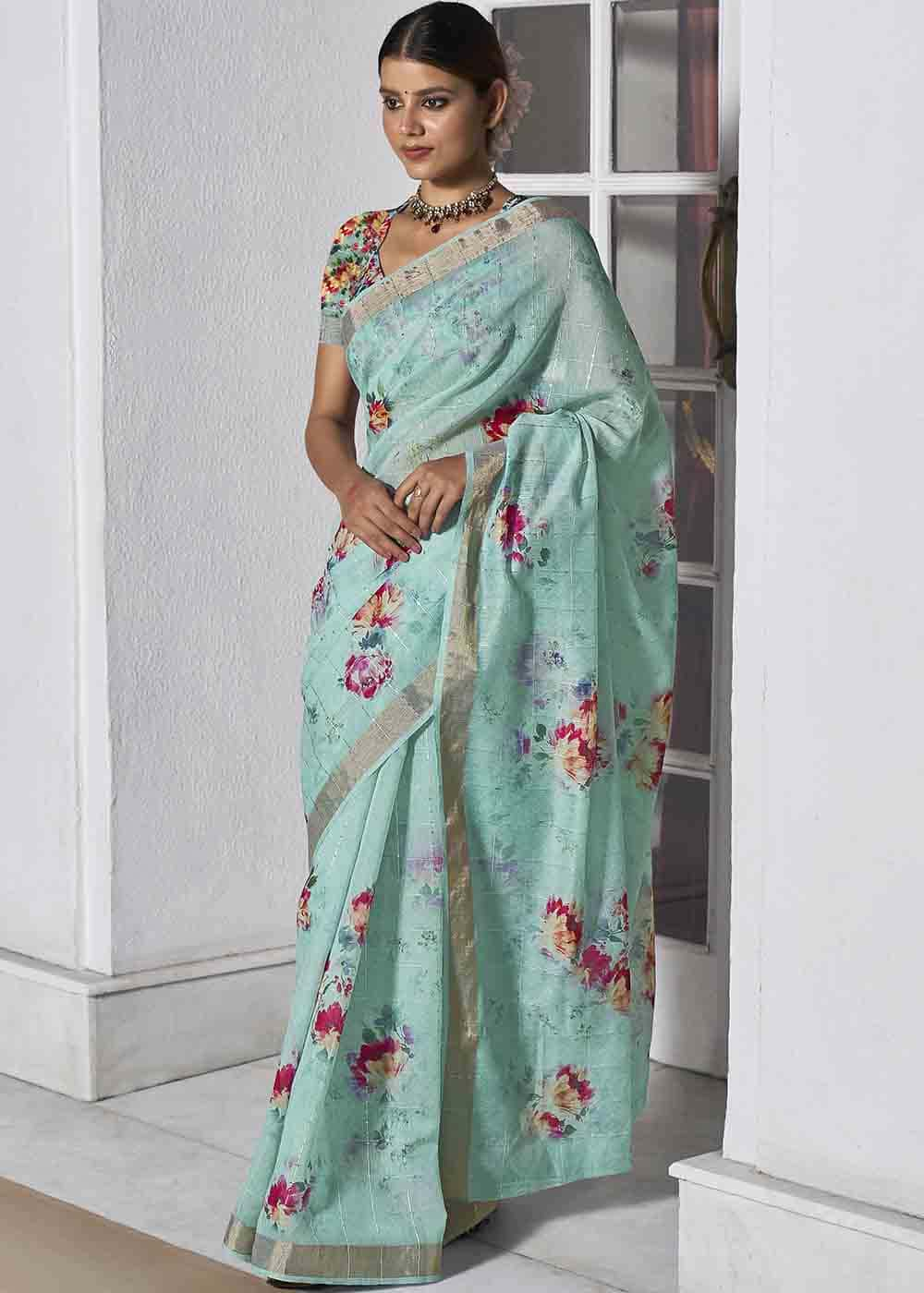 Buy MySilkLove Opal Blue Digital Floral Printed Saree Online