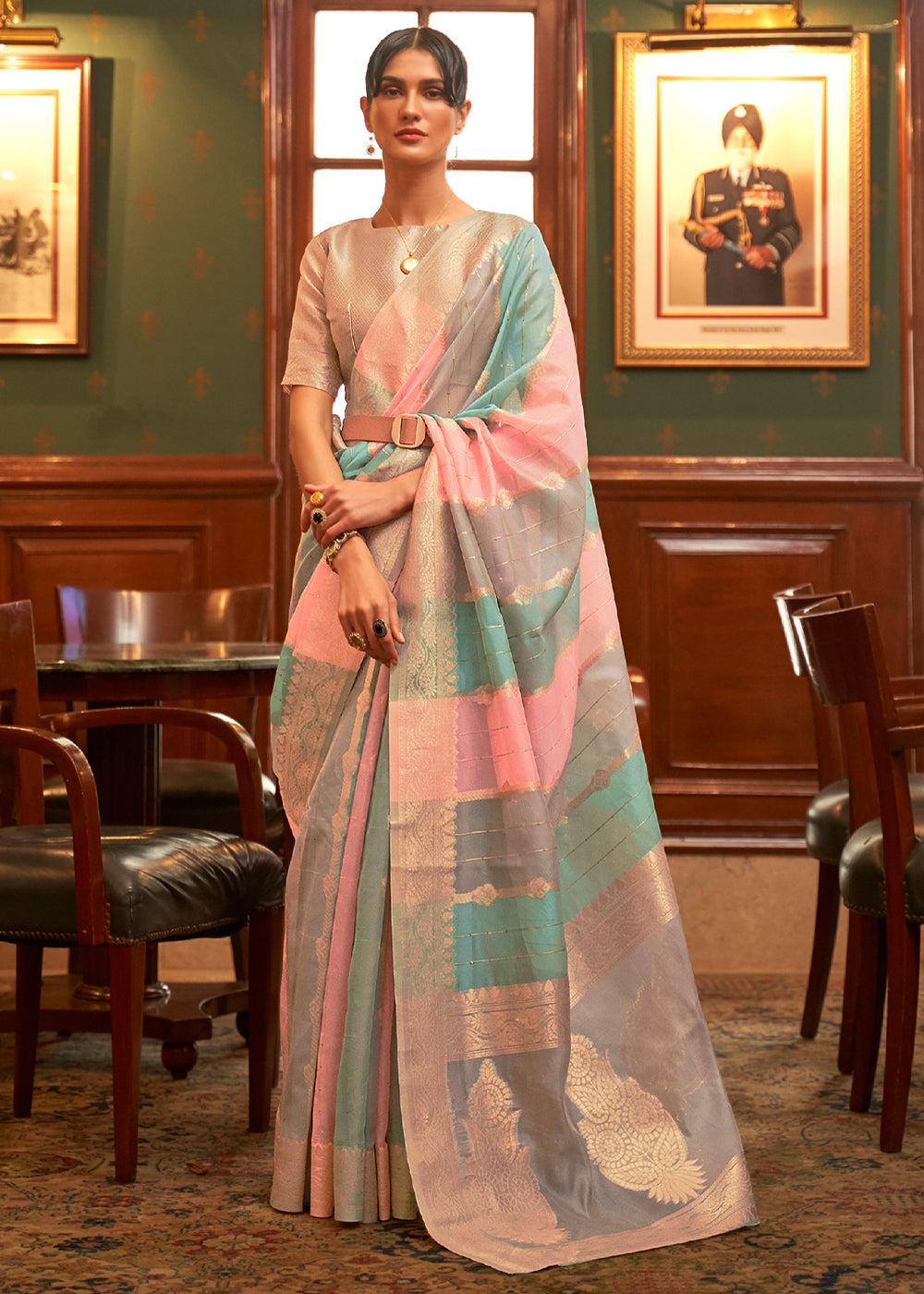 Buy MySilkLove Envy Blue Grey and Pink Zari Woven Banarasi Organza Saree Online