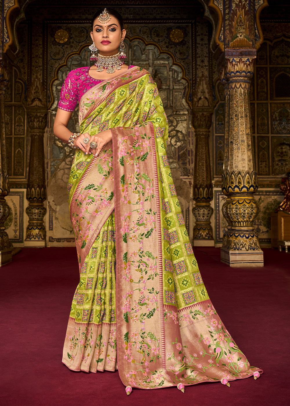 Buy MySilkLove Earls Green and Pink  Patola Printed Dola Silk Saree With Embroidered Blouse Online