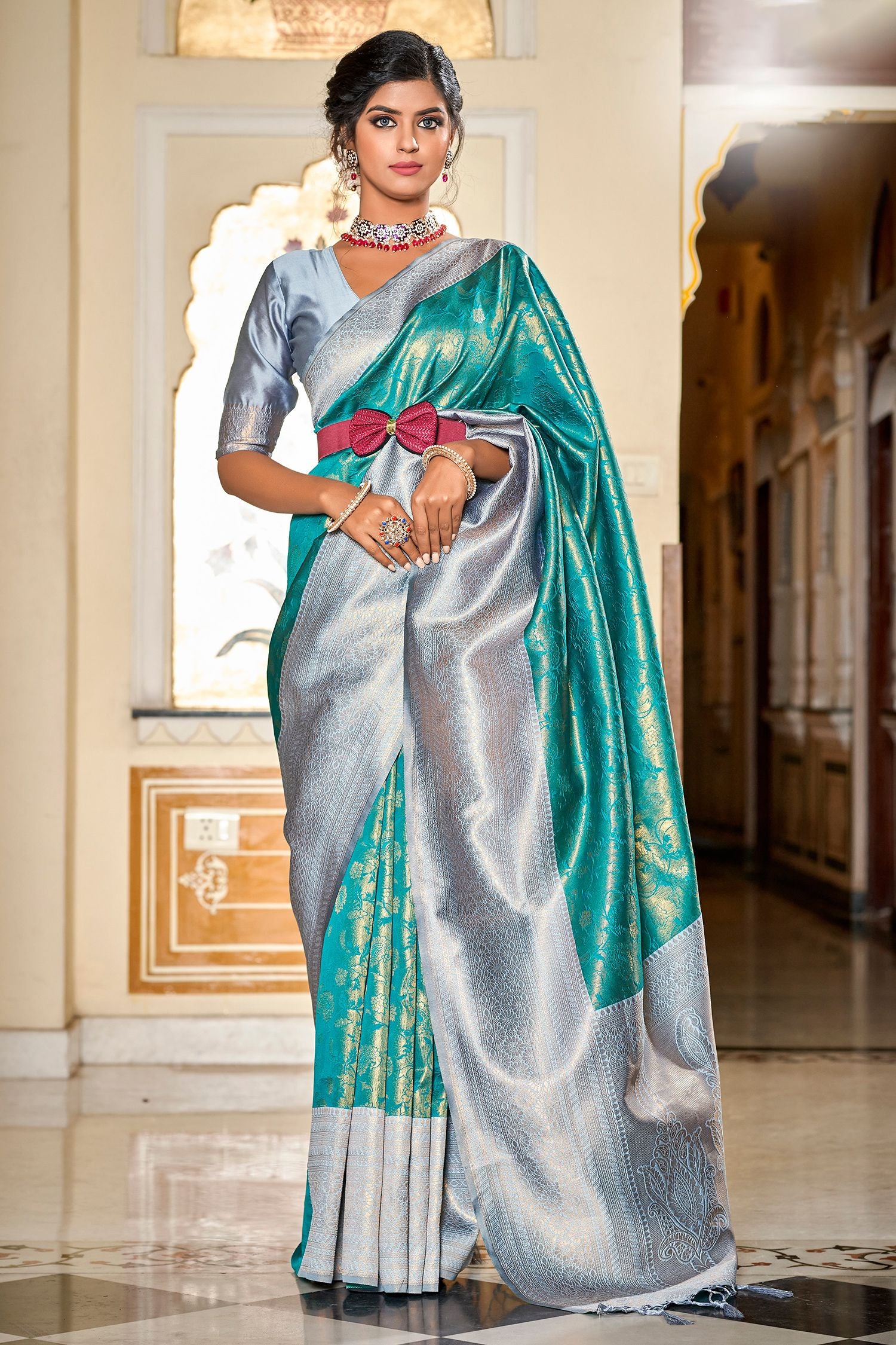 Buy MySilkLove Pine Green Silver Woven Banarasi Silk Saree Online