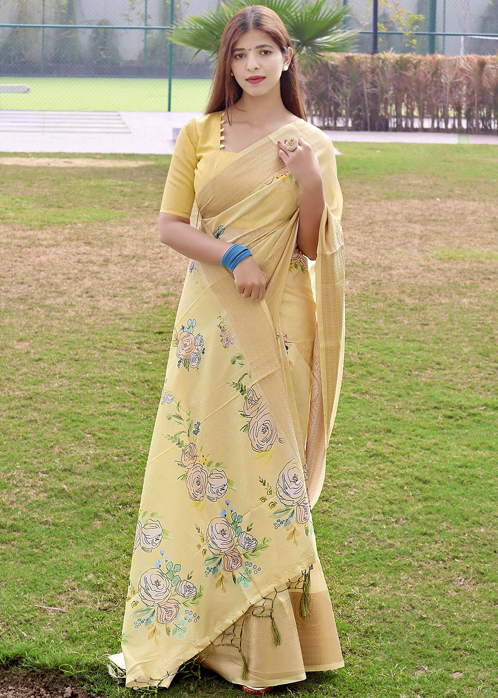 Buy MySilkLove Calico Yellow Floral Printed Soft Silk Saree Online