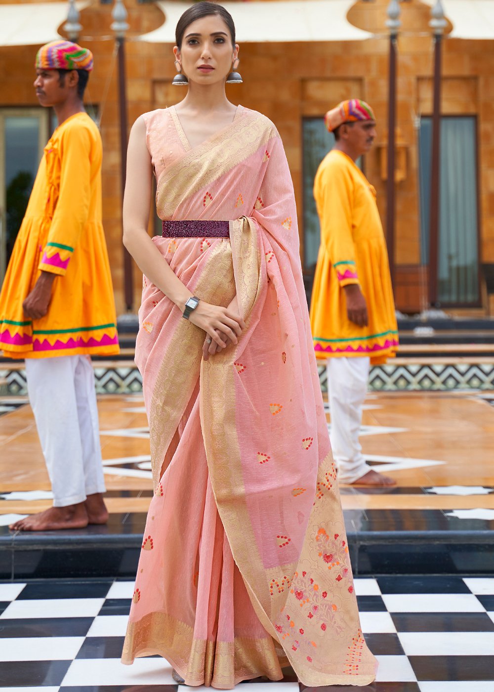 Buy MySilkLove My Blush Pink Zari Woven Banarasi Linen Saree Online