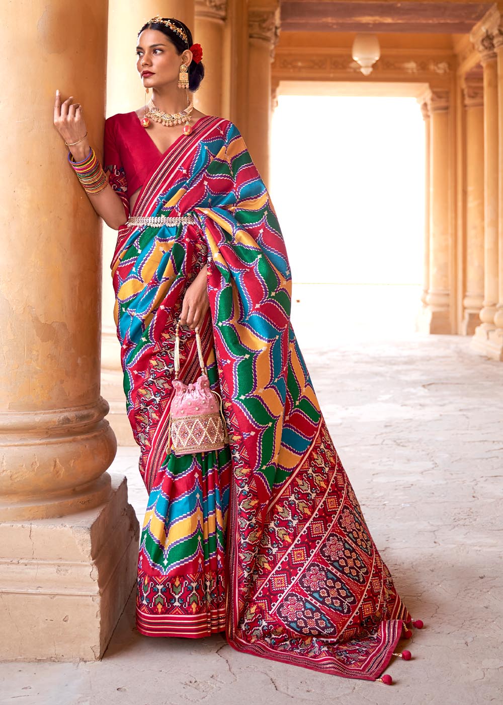 Buy MySilkLove Well Red Multicolor Printed Patola Saree Online