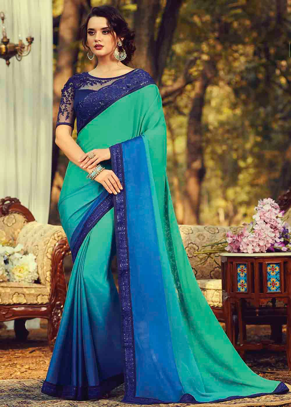 Buy MySilkLove Riptide Blue Embroidered Designer Saree Online