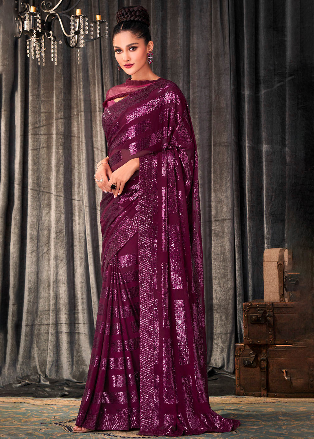 Buy MySilkLove Cosmic Purple Sequins Embroidered Designer Georgette Saree Online