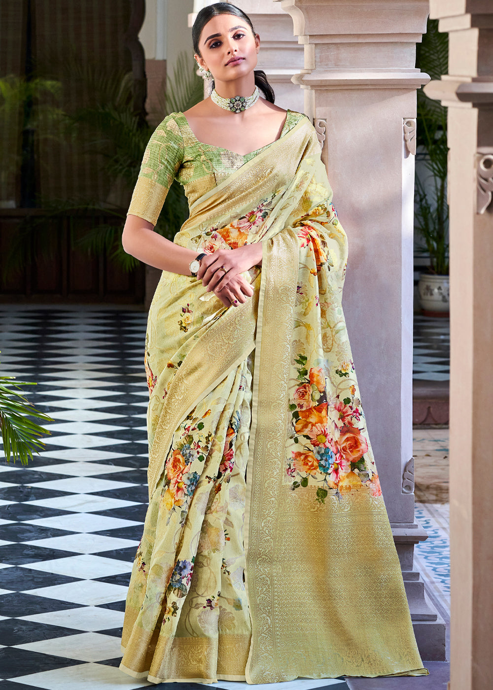 Buy MySilkLove Straw Green Zari Woven Floral Banarasi Saree Online