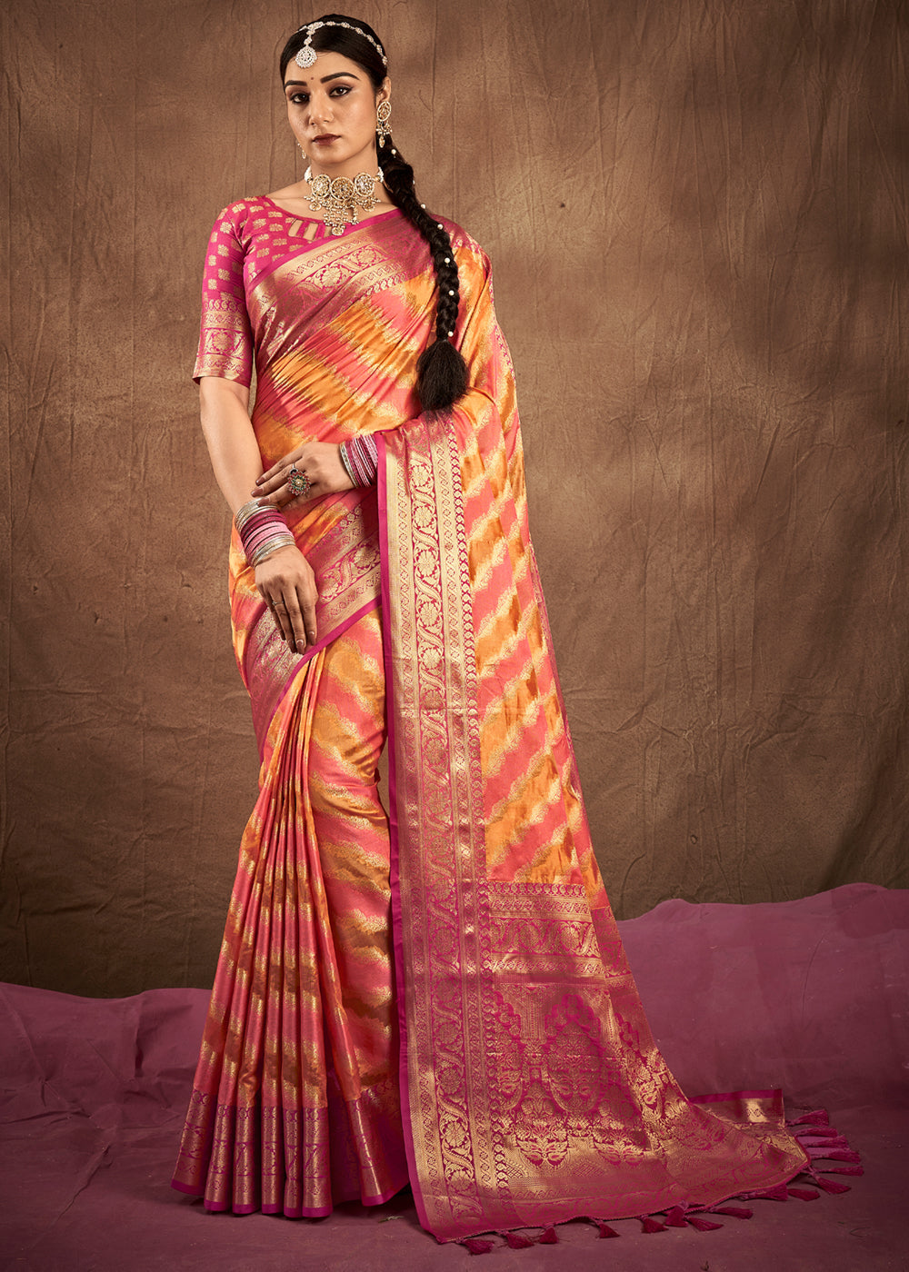 Buy MySilkLove Jaffa Orangre and Pink Woven Rangkath Banarasi Silk Saree Online