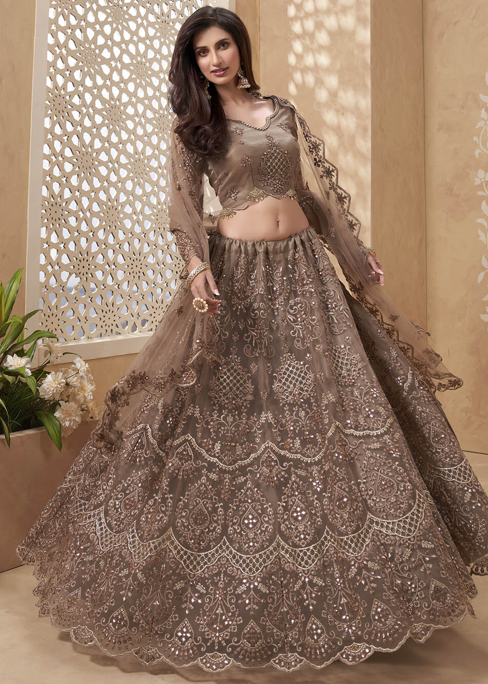 Buy MySilkLove Blast Off Brown Designer Net Lehenga with Multi Thread Embroidery Work Online