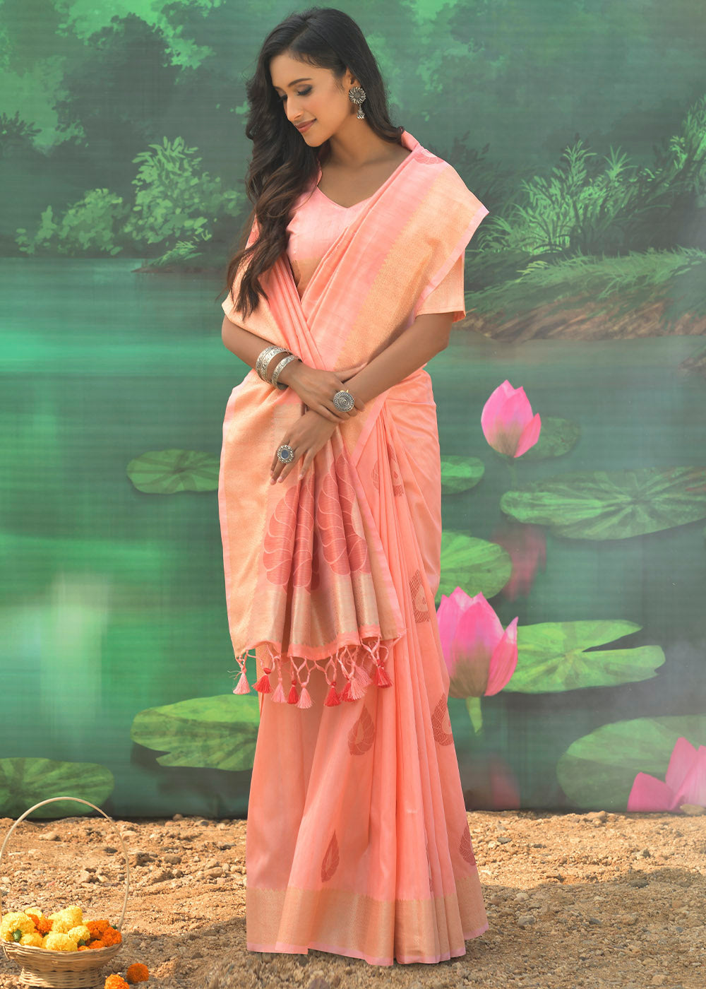 Buy MySilkLove Wax Peach Pink Banarasi Jacquard Silk Saree Online