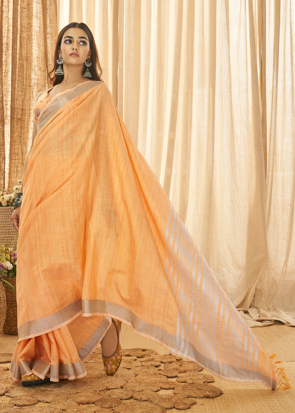 Buy MySilkLove Sandy Orange Zari Woven Linen Saree Online