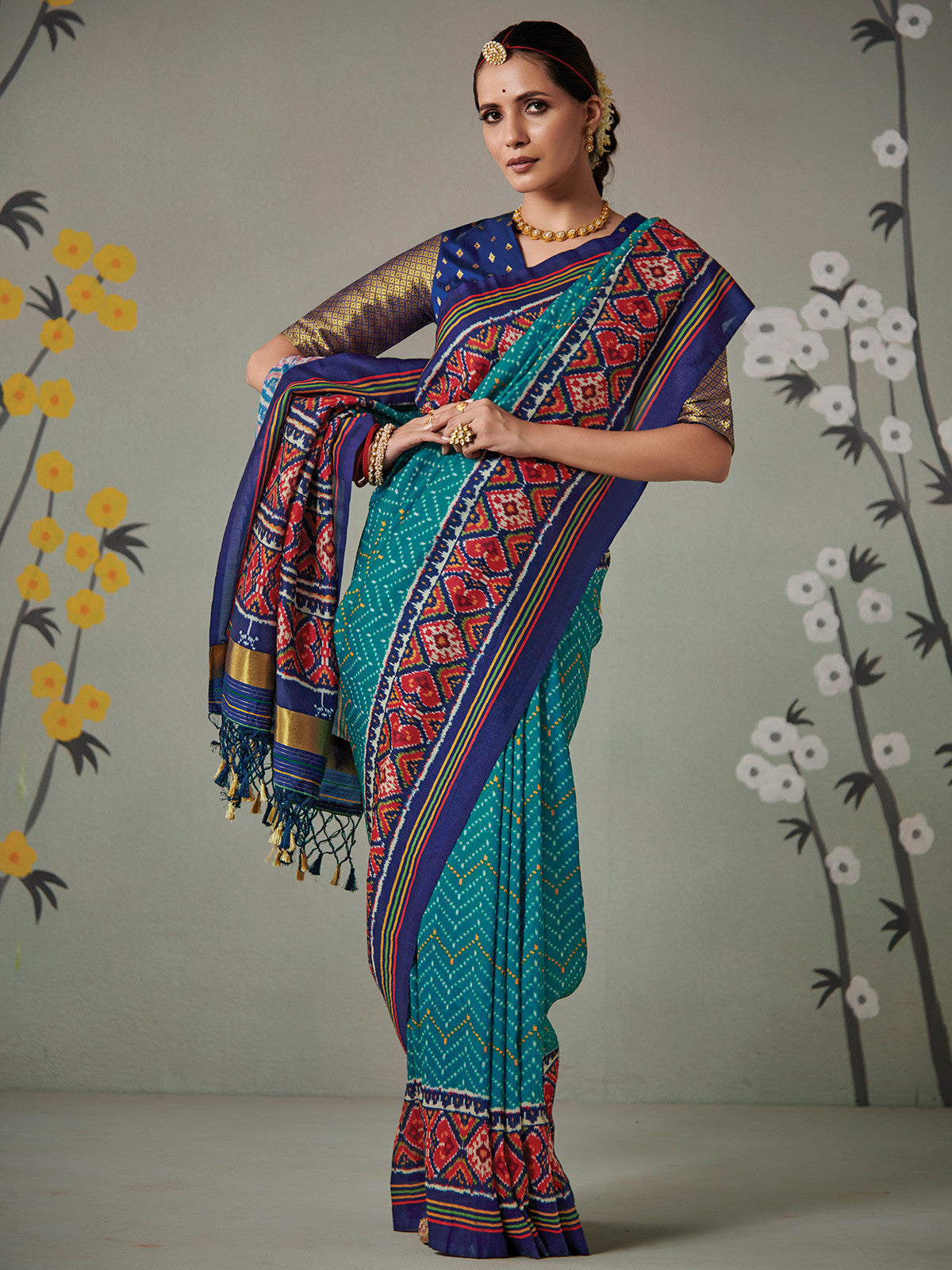 Buy MySilkLove Elm Dark Blue Printed Patola Silk Saree Online