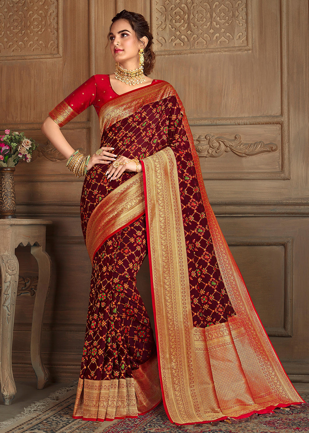 Buy MySilkLove Heath Brown and Red Zari Woven Banarasi Saree Online