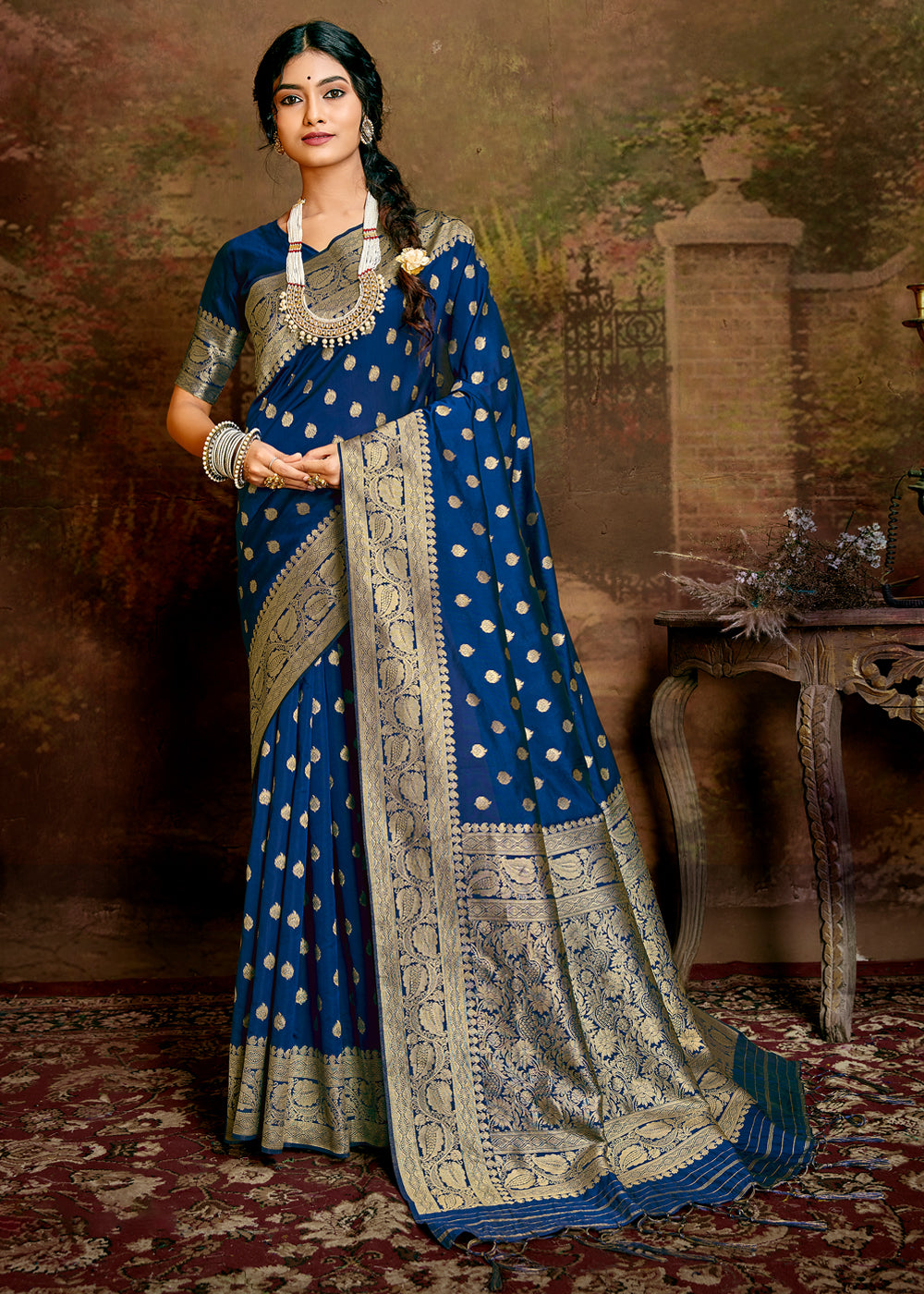 Buy MySilkLove Prussian Blue Zari Woven Banarasi Jamdani Silk Saree Online