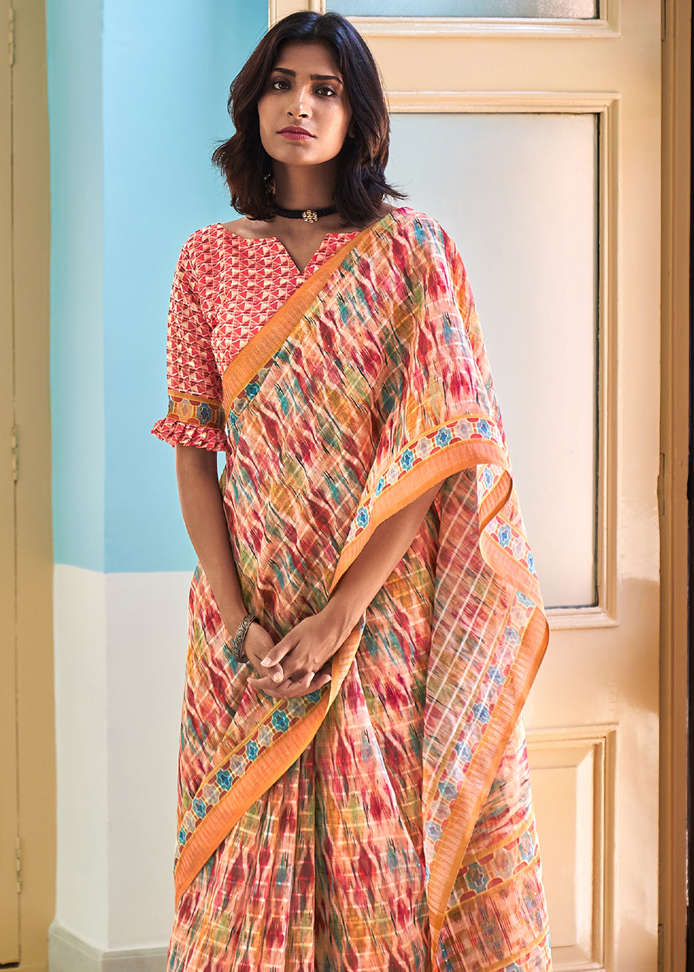 Buy MySilkLove Petite Pink Printed Linen Saree Online