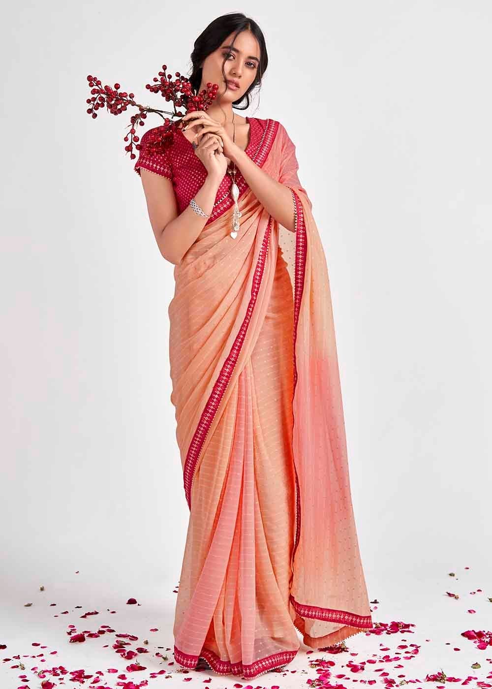 Buy MySilkLove Tacao Peach Printed Georgette Saree Online