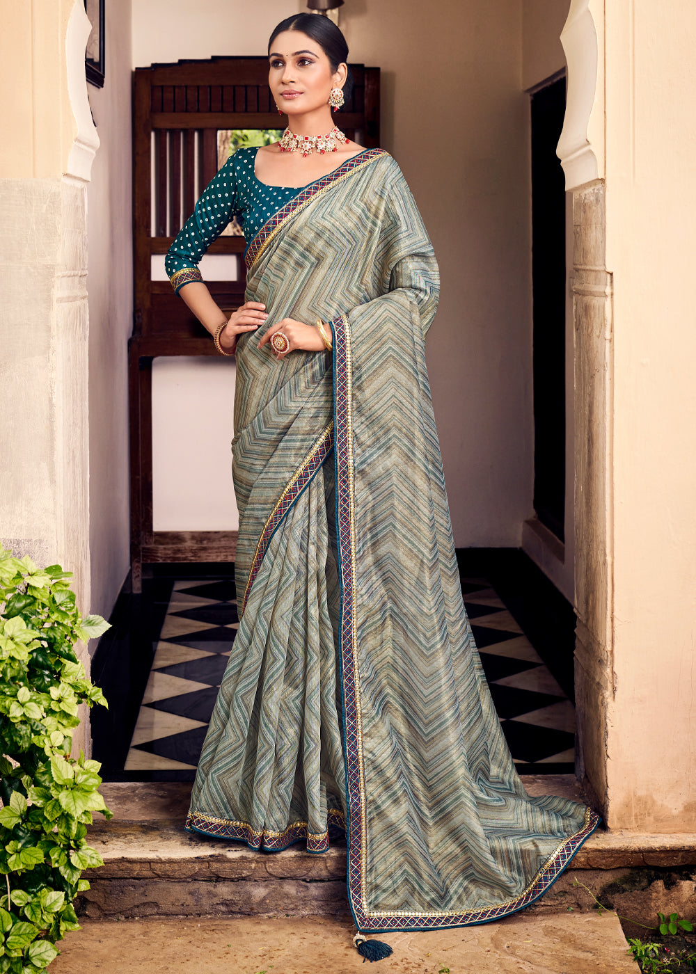 Buy MySilkLove Wedgewood Blue Digital Printed Lehriya Silk Saree Online