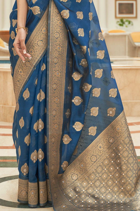 Buy MySilkLove San Marino Blue Zari Woven Organza Silk Saree Online